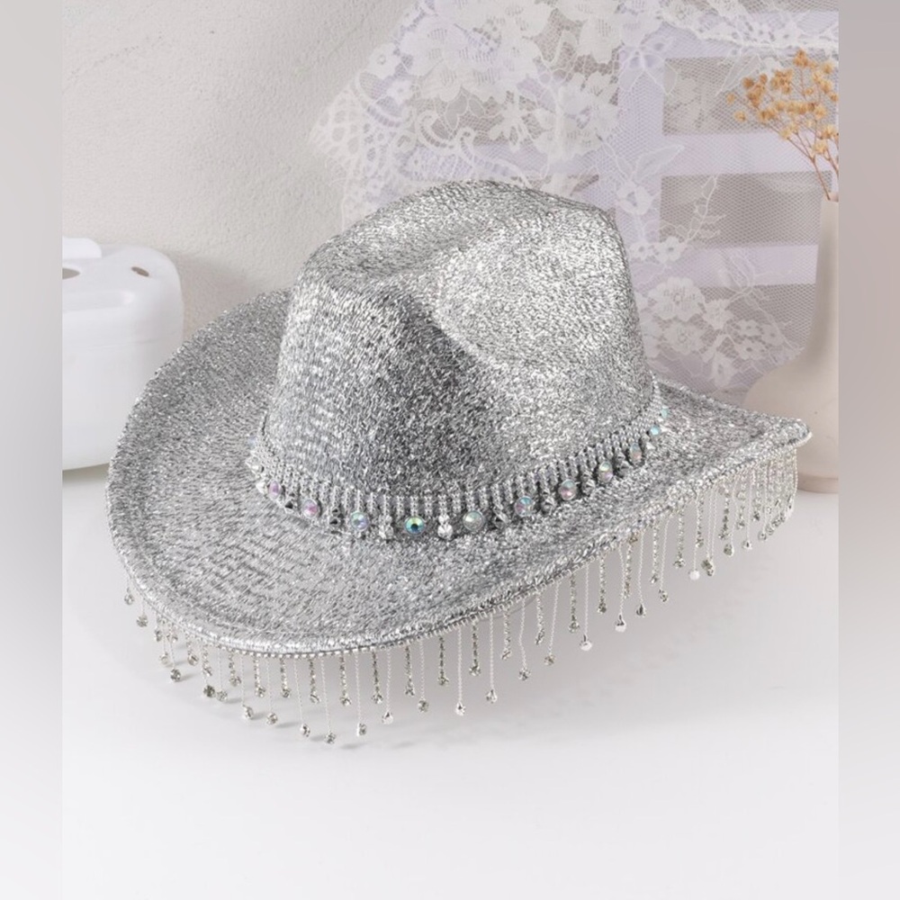 Silver Rhinestone Cowboy Hat Western Festival Disco Cowgirl